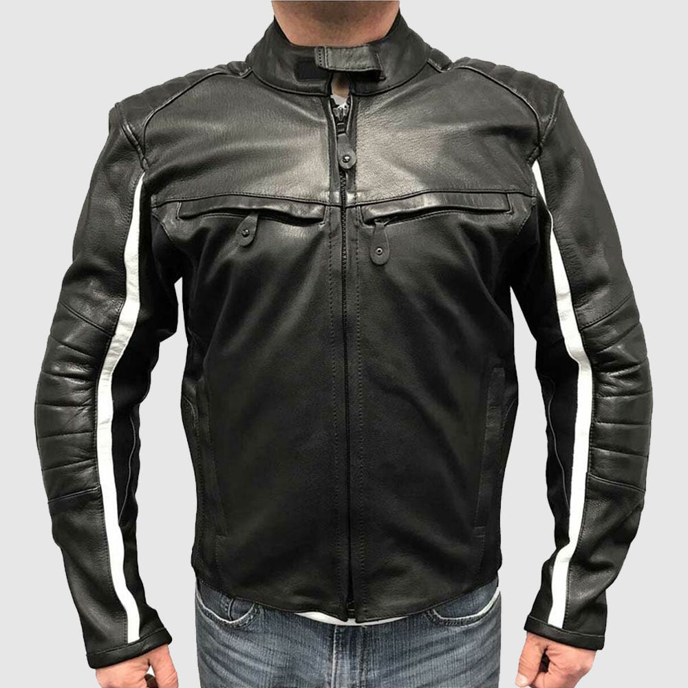 Redline Men's White Striped Goat Skin Leather Motorcycle Jacket