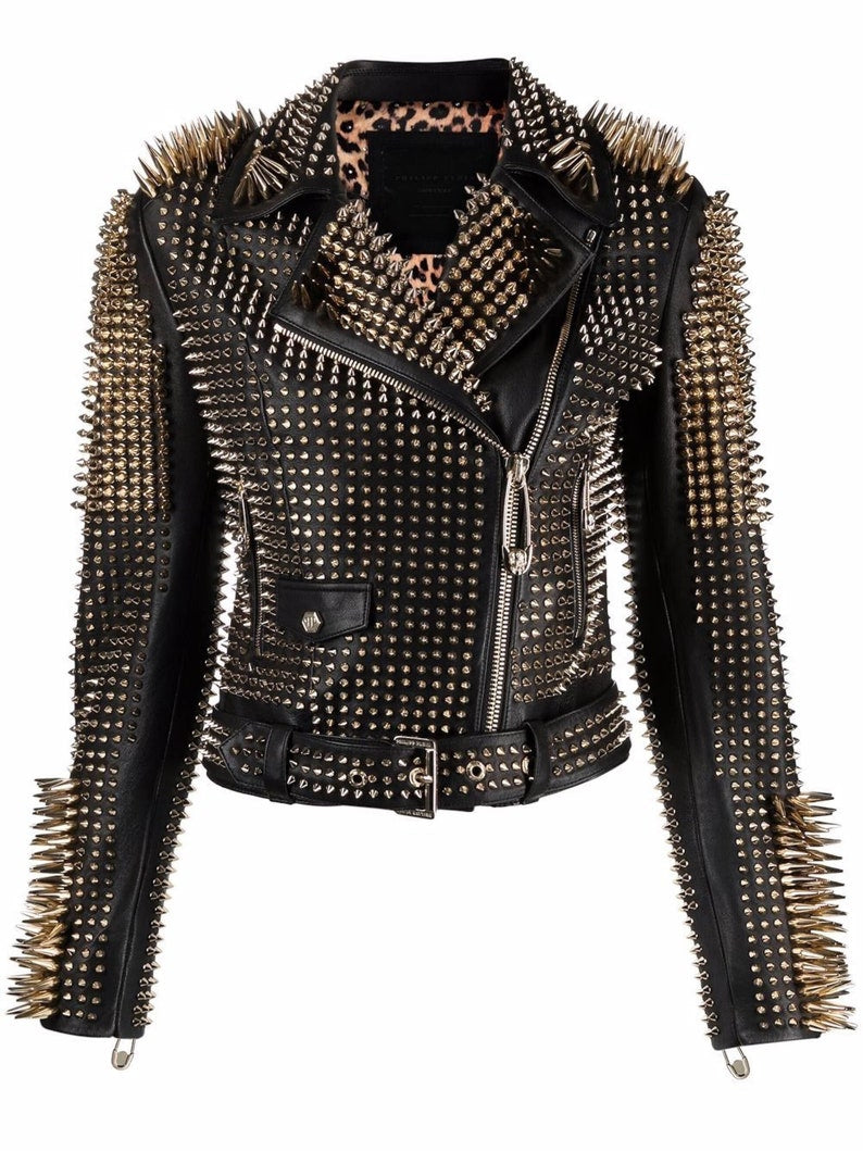 Studded Leather Biker Jacket - Women
