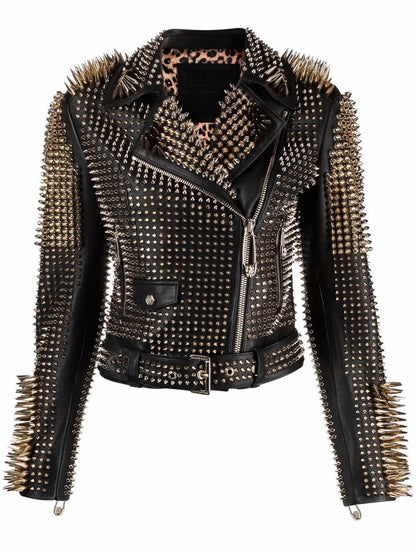 Studded Leather Biker Jacket - Women