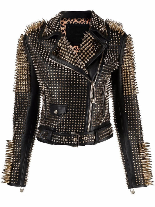 Studded Leather Biker Jacket - Women