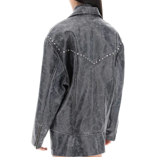 Alessandra Rich Oversized Leather Jacket With Studs And Crystals