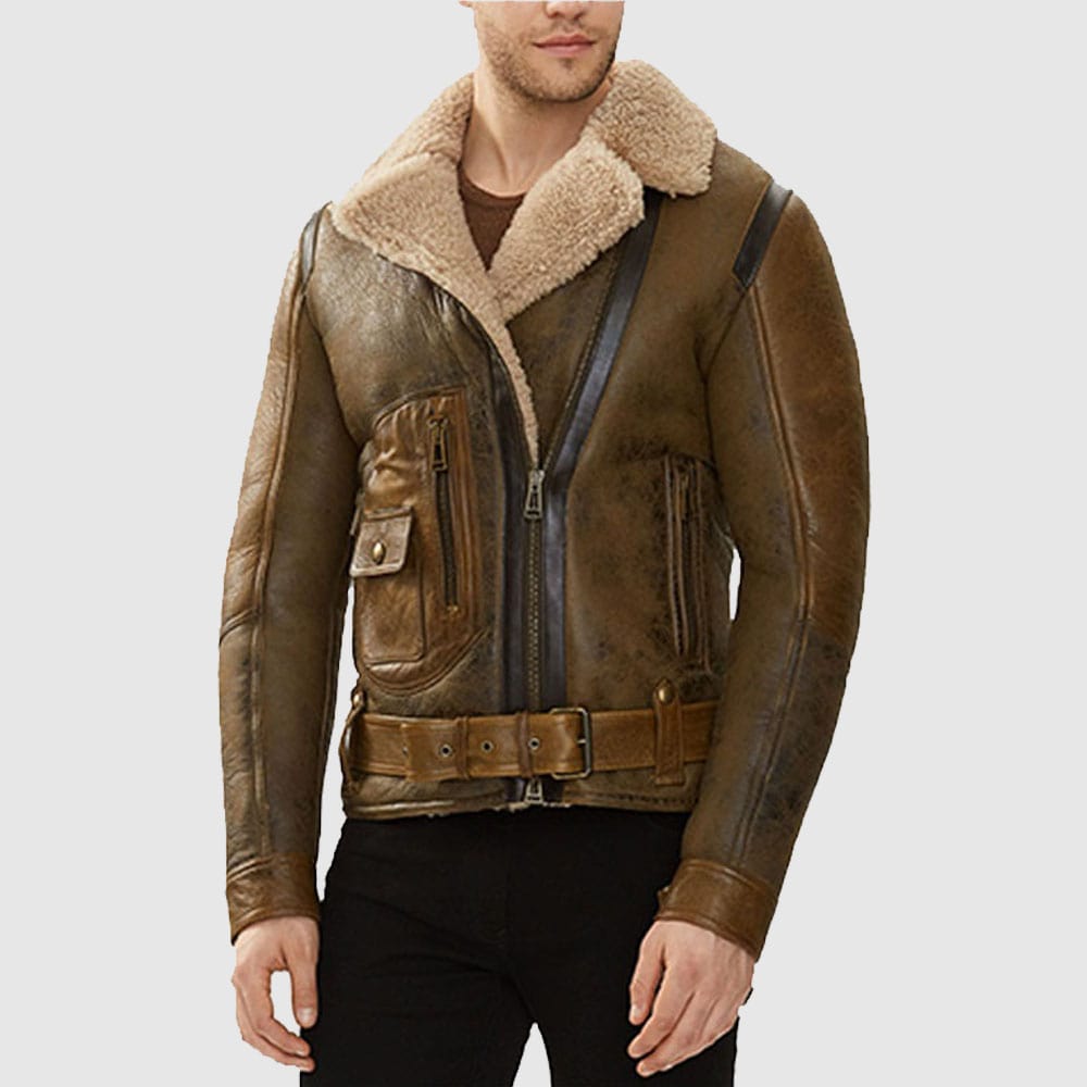 Men B3 Aviator Shearling Brown Sheepskin Leather Flight Jacket