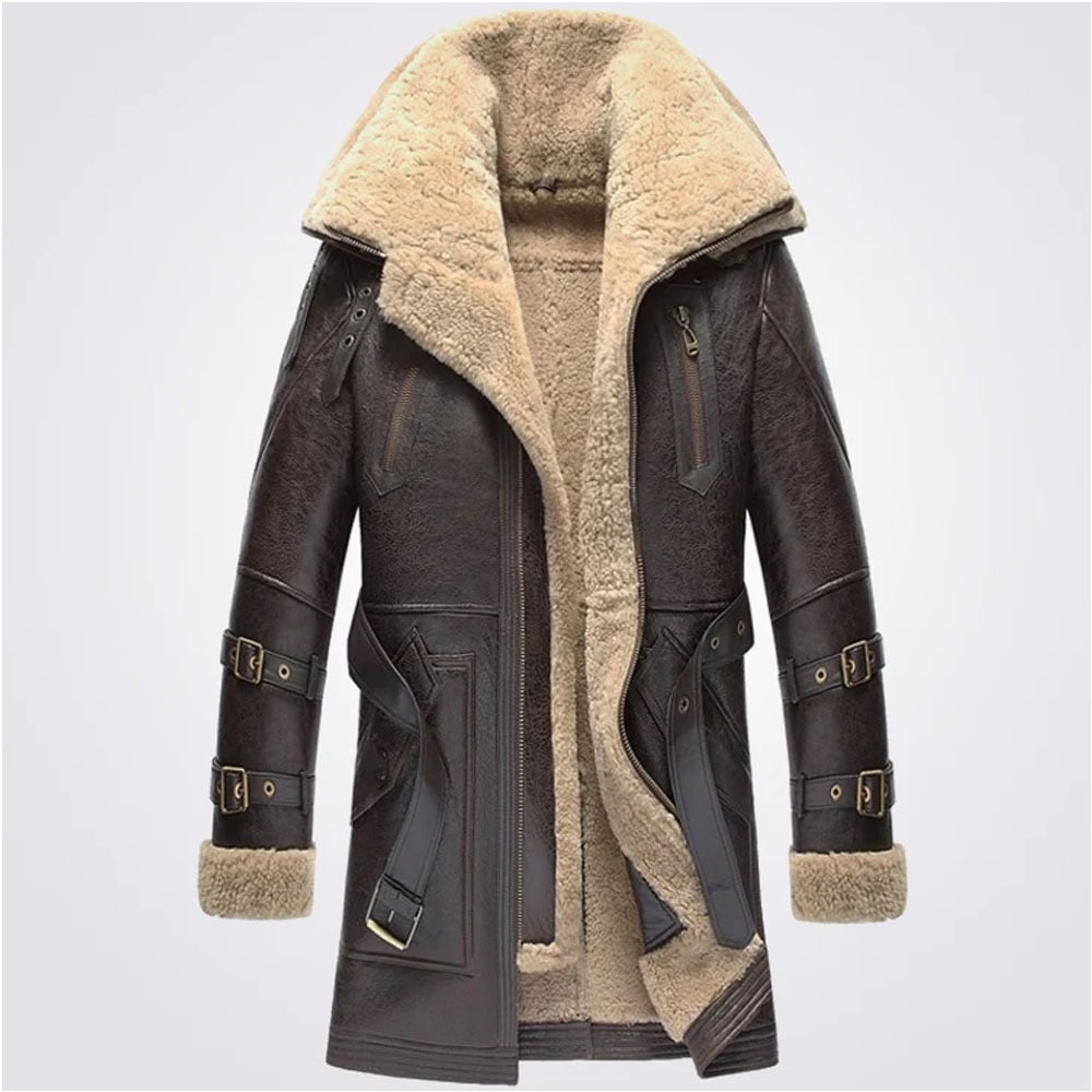 Vintage Shearling Sheepskin Leather Trench Coat For Men