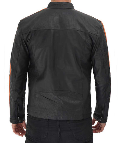 Harland Stripe Black Leather Cafe Racer Style Jacket Men