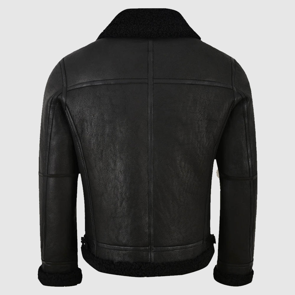 Men Jet Black Shearling Leather Jacket