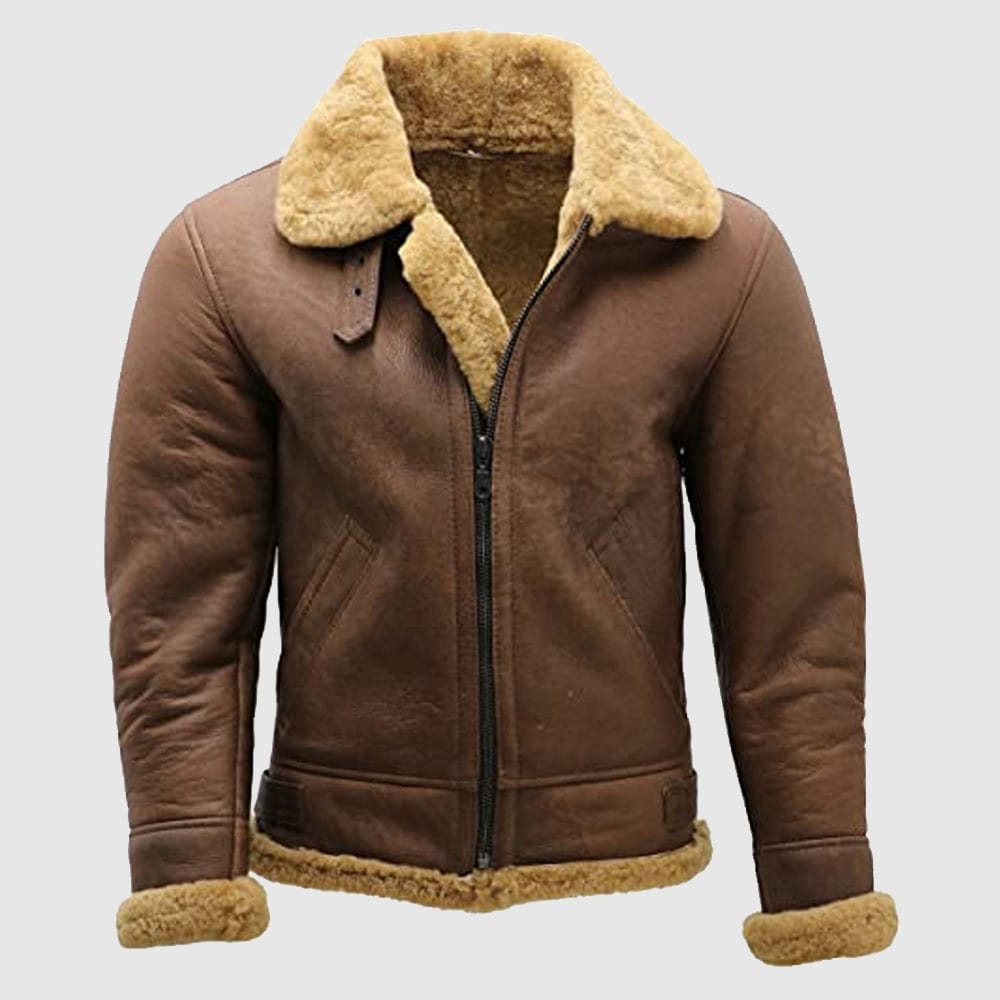 Men's Brown B3 Shearling Sheepskin Bomber Leather Flying Aviator jacket