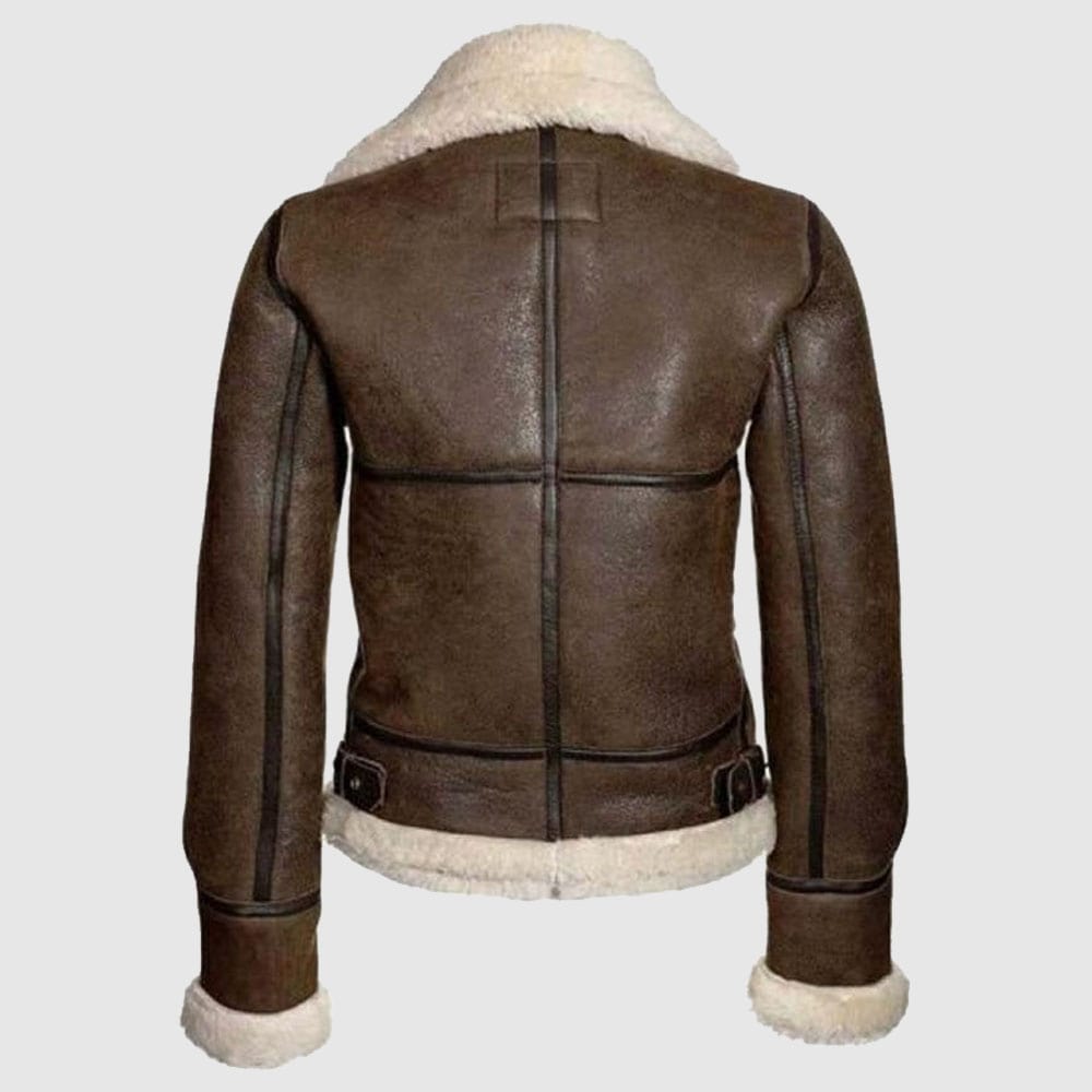 B3 Bomber Distressed Brown Aviator, Shearling Sheepskin Motorcycle Women Leather Jacket With Faux Fur