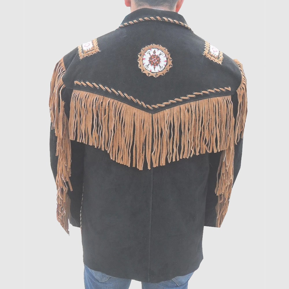 Men's Western coat cowboy suede leather jacket with Fringes Black