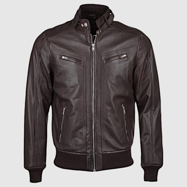 Brown Genuine Sheepskin Leather Bomber Rib Jacket