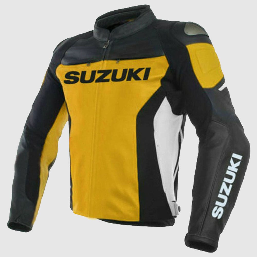 Suzuki GSXR Yellow Motorbike Motorcycle Biker Cowhide Leather Armoured Jacket 