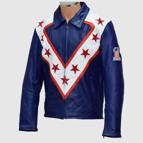 A tribute to Evel Knievel, the World Famous American DAREDEVIL and Entertainer Design: Premium Analine treated 100% 1mm soft Cowhide, durable, rear zip attachment (for optional trouser for biker grade leather option ONLY), internally smooth contrasting polyester lined Armour: Applicable to the biker version only is 5 piece all removable high quality padding, i.e. Back (1), Shoulders (2) and Elbow (2) applicable to Biker Grade Leather option Style: Casual jacket style is as shown in the images above. Made and supplied to order Style: A tribute to Evel Knievel, the world famous American daredevil and entertainer