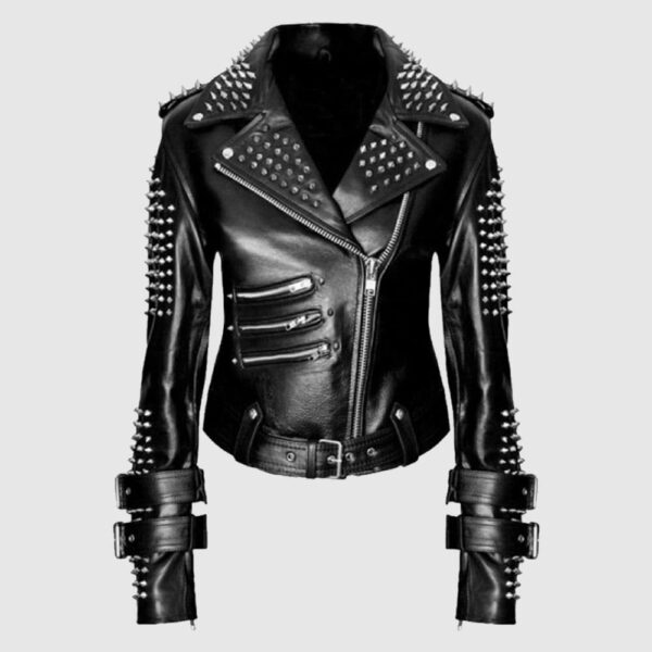 Handmade Women Black Punk Silver Spiked Studded Leather Jacket
