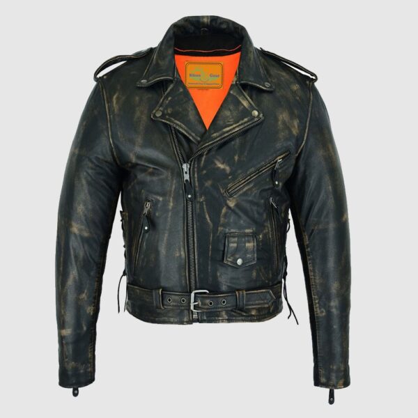 Distressed Motorcycle Leather Jacket with Gun Pockets