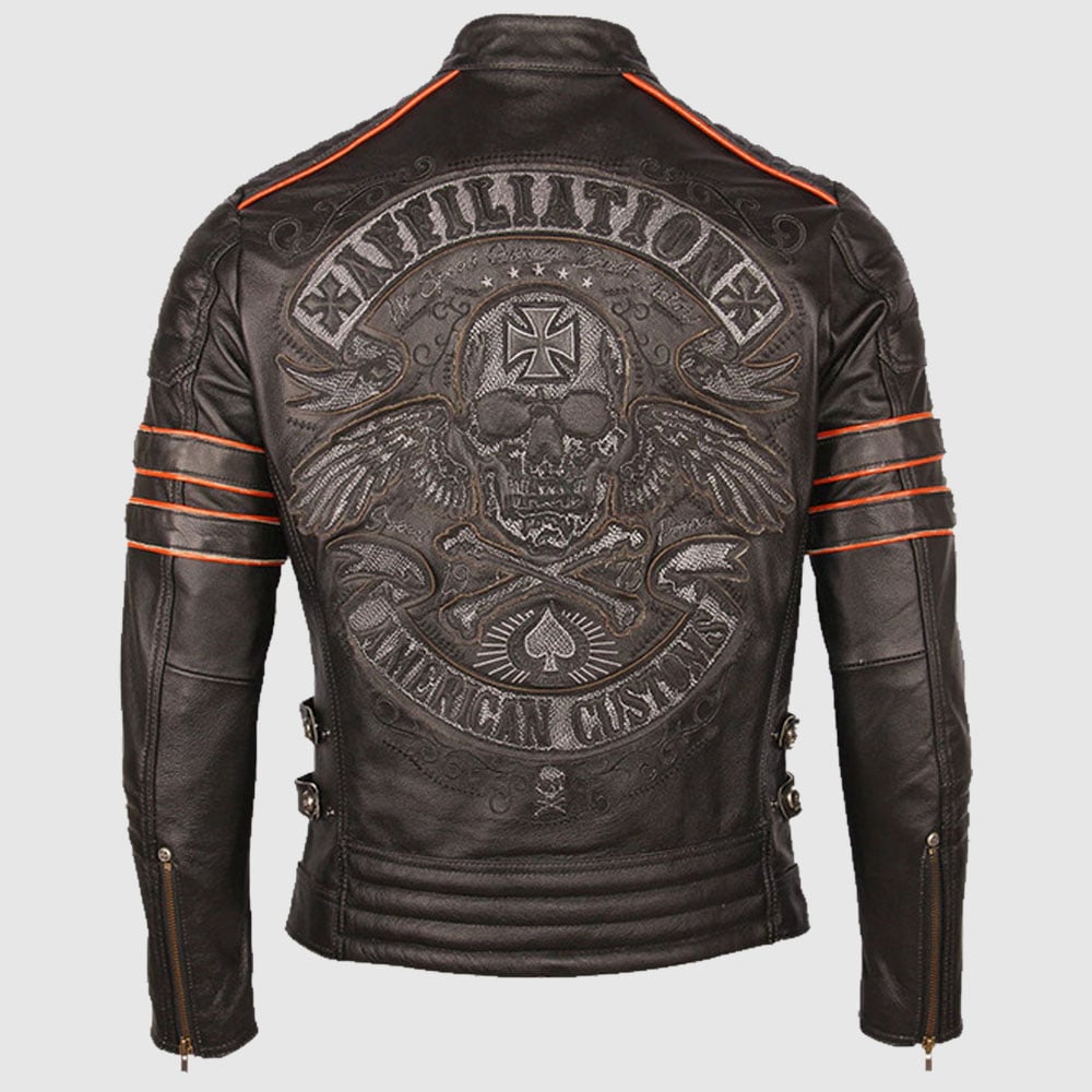 Affiliation Skull Embroidered Leather Motorcycle Jacket