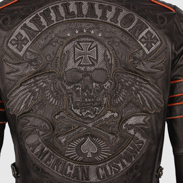 Vintage Retro Affiliation Skull Embroidered Leather Motorcycle Jacket