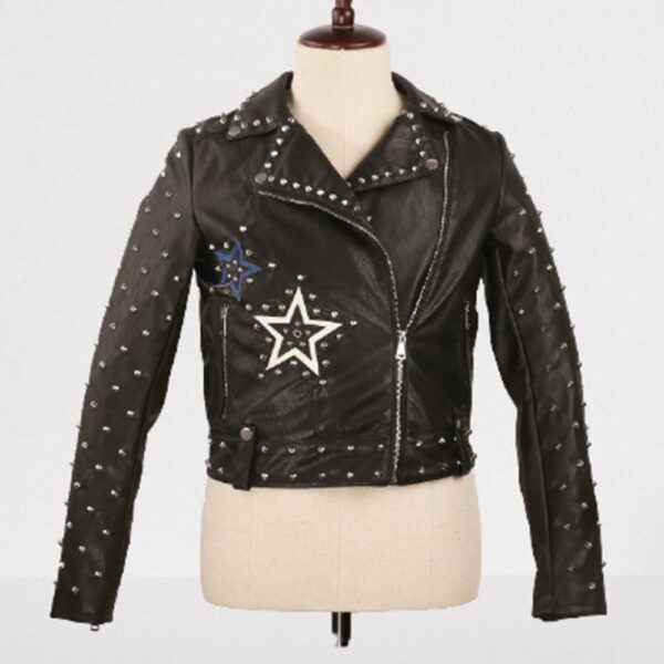 Black Leather Studded Jacket With Stars Studded Fashion Jacket