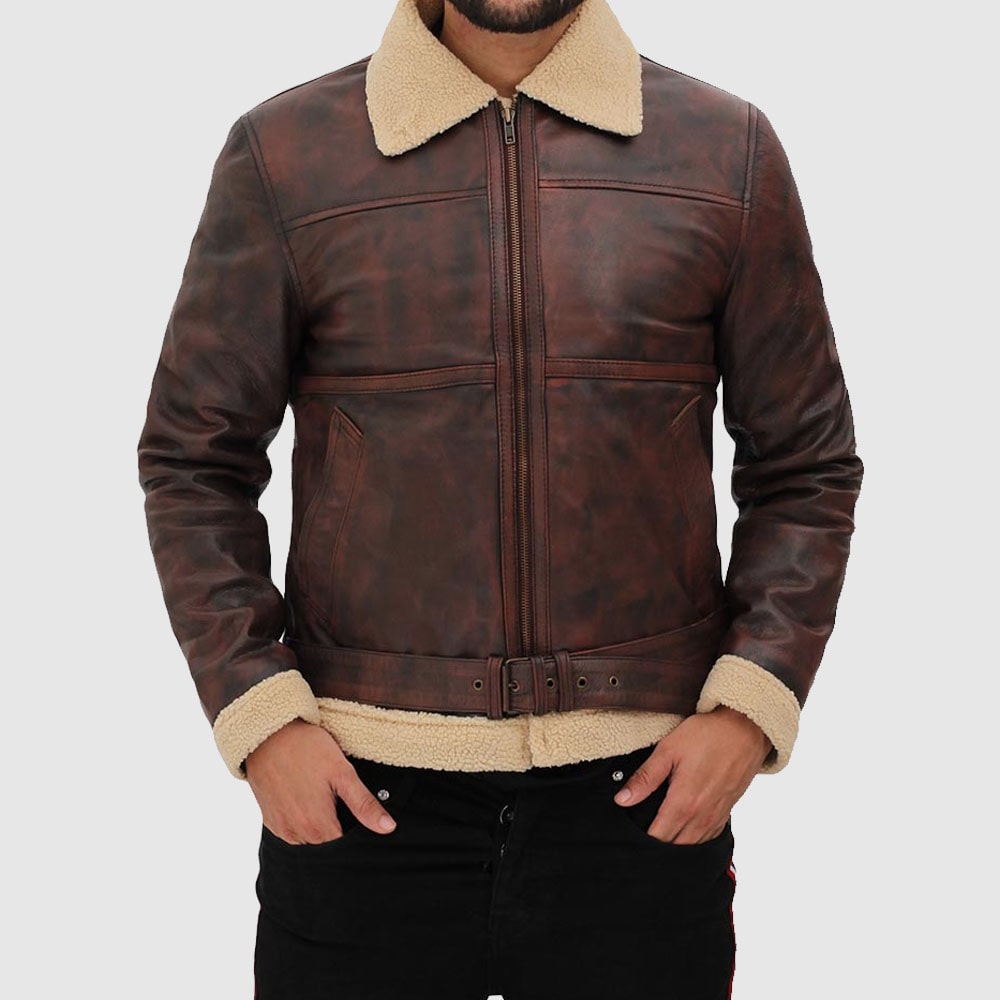 Distressed Shearling Bomber Leather Jacket
