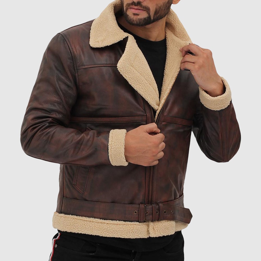 Brown Distressed Shearling Bomber Leather Jacket