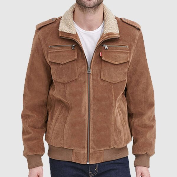 Men's Sherpa Collar Aviator Bomber suede leather jacket