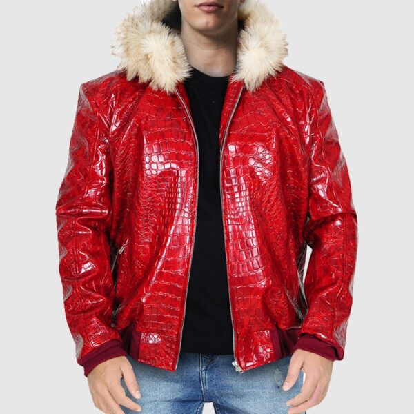 Red Crocodile Leather Jacket, bomber leather jacket