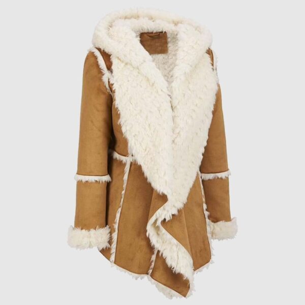 Women Brown Fur Suede Overcoat With Hood Sheepskin Jacket