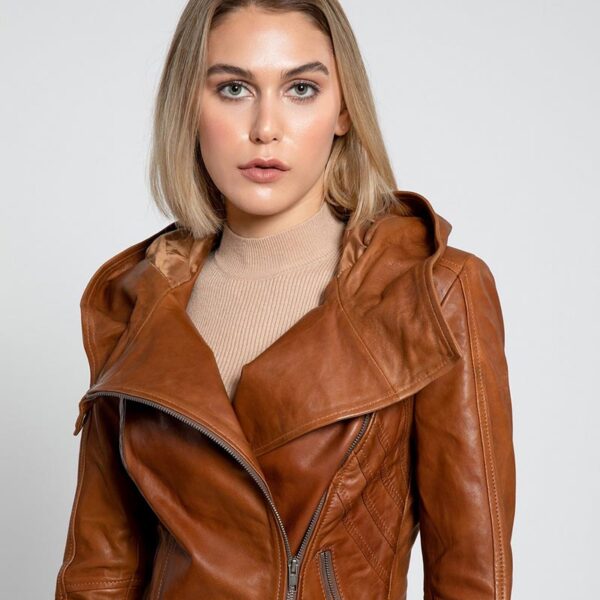Cidra Brown Hooded Asymmetrical Zip Leather Jacket