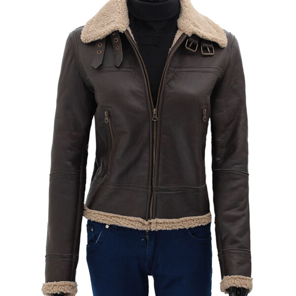 Dark Brown Leather Bomber Jacket with Shearling