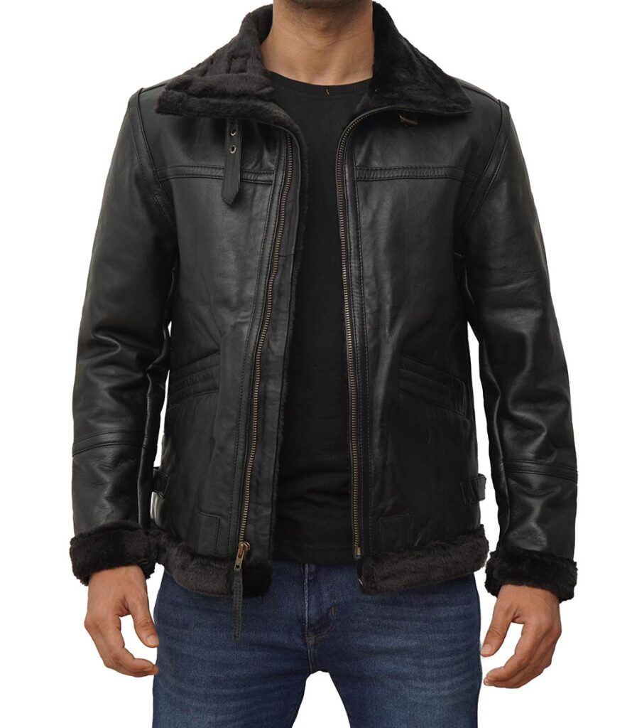 Mitchel Black Shearling Bomber Leather Jacket