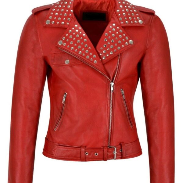 Women Red Studded Leather Biker Jacket