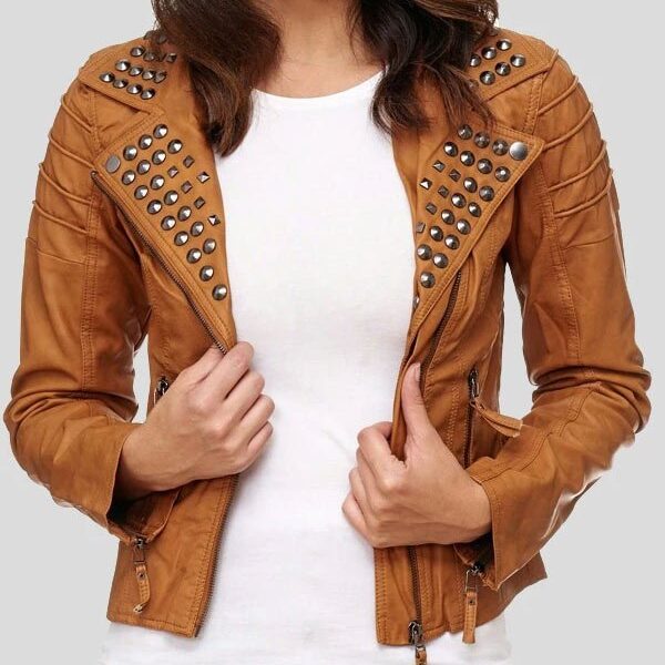 Brown Studded Biker Leather Jacket