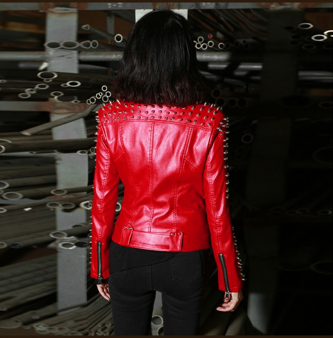 Women's Fashion Rivet Metal Slim Fitted Leather Jacket