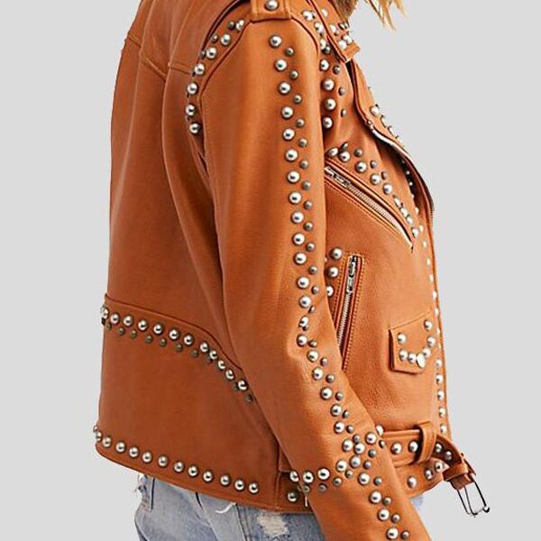 Moto Biker Brown Studded Leather Jacket