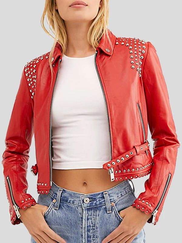Womens Studded Red Leather Jacket