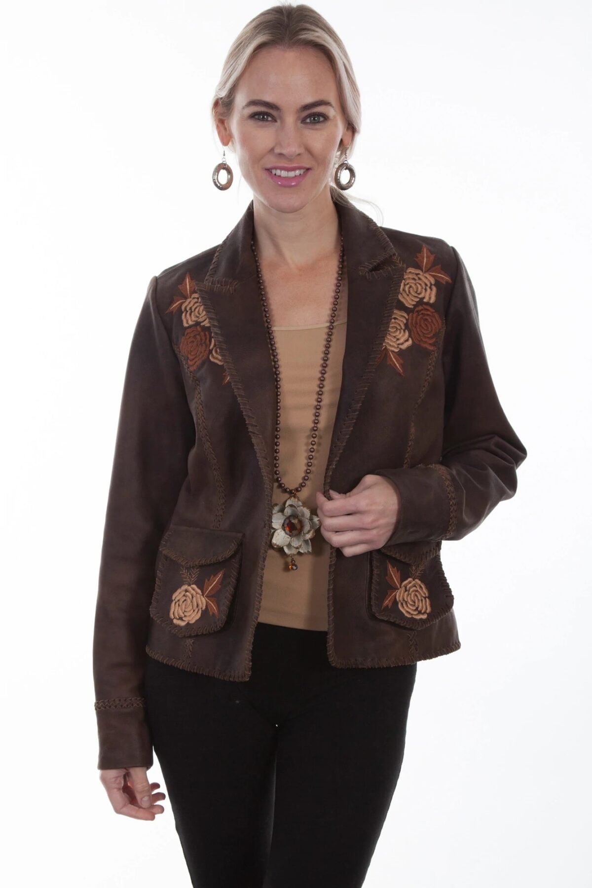Scully flower embroidery old brown leather floral Jacket