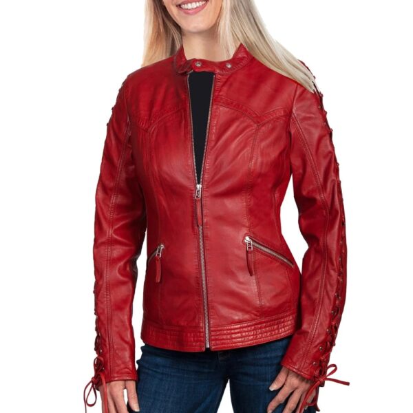 Red Lamb skin Laced Sleeve leather Jacket