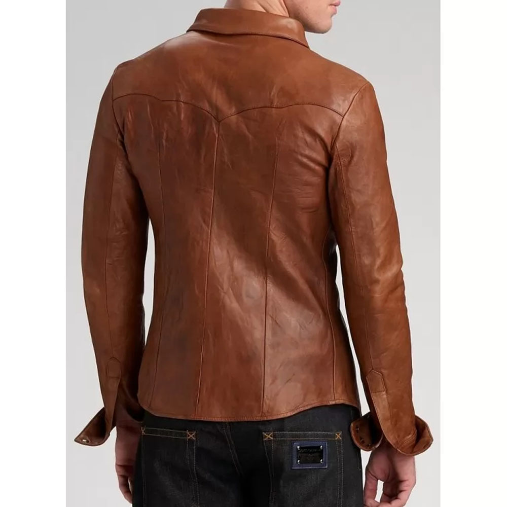 Men High Quality Real Sheepskin Brown Leather Shirt