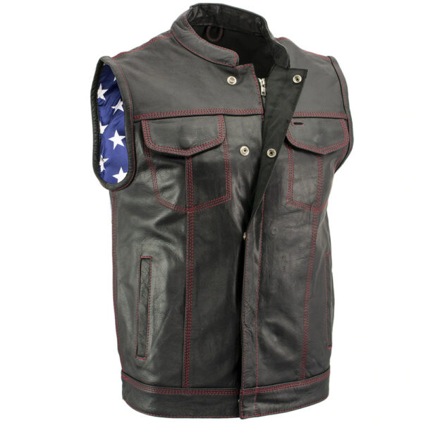 Men's 'Old Glory' Leather Vest with Red Stitching and USA Inside Flag Lining