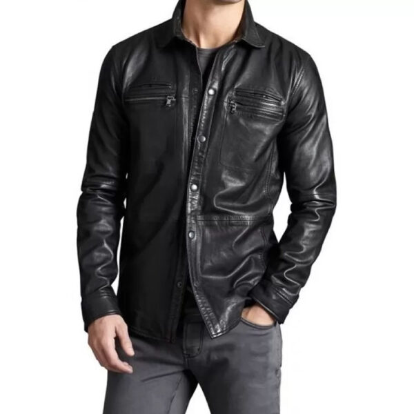 Men Trendsetting Real Sheepskin Black Leather Shirt