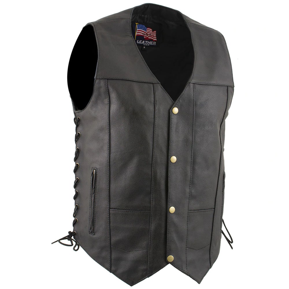 USA Leather 1204 Men's Black 'Dime' Classic Leather Vest with Side Laces
