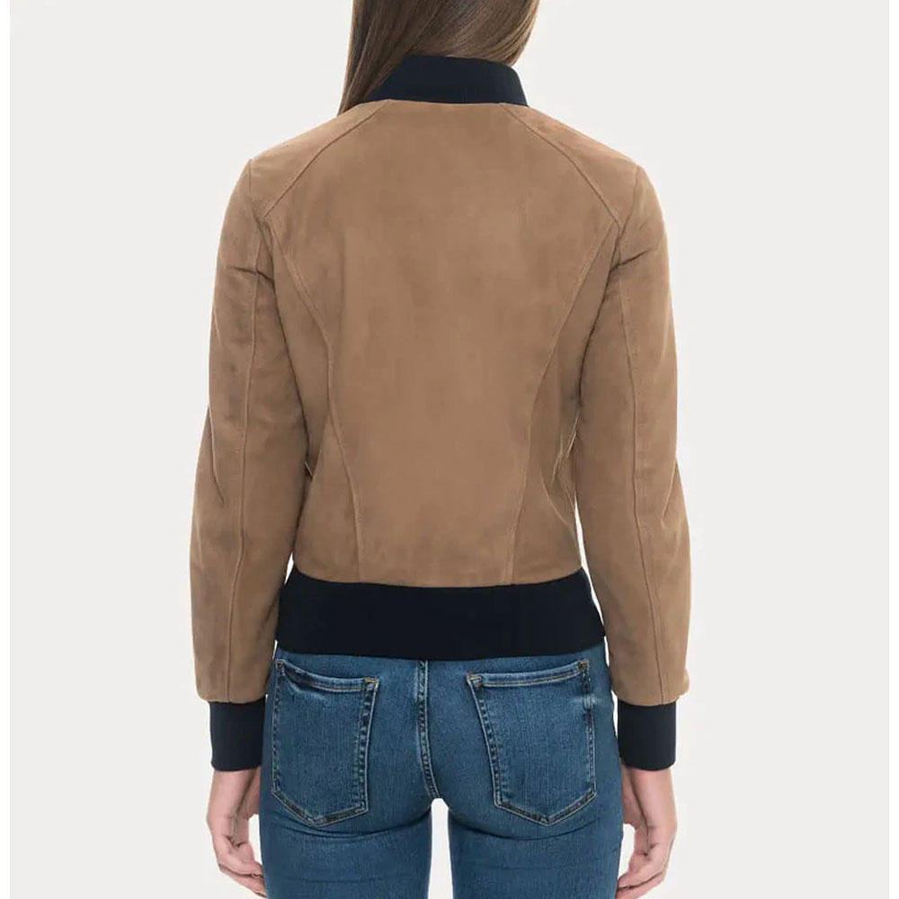 Tan Suede Bomber Jacket with Black Rib Knit Collar & Cuffs
