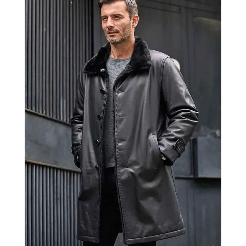 Black Fur Leather Parkas Long Trench Coat
