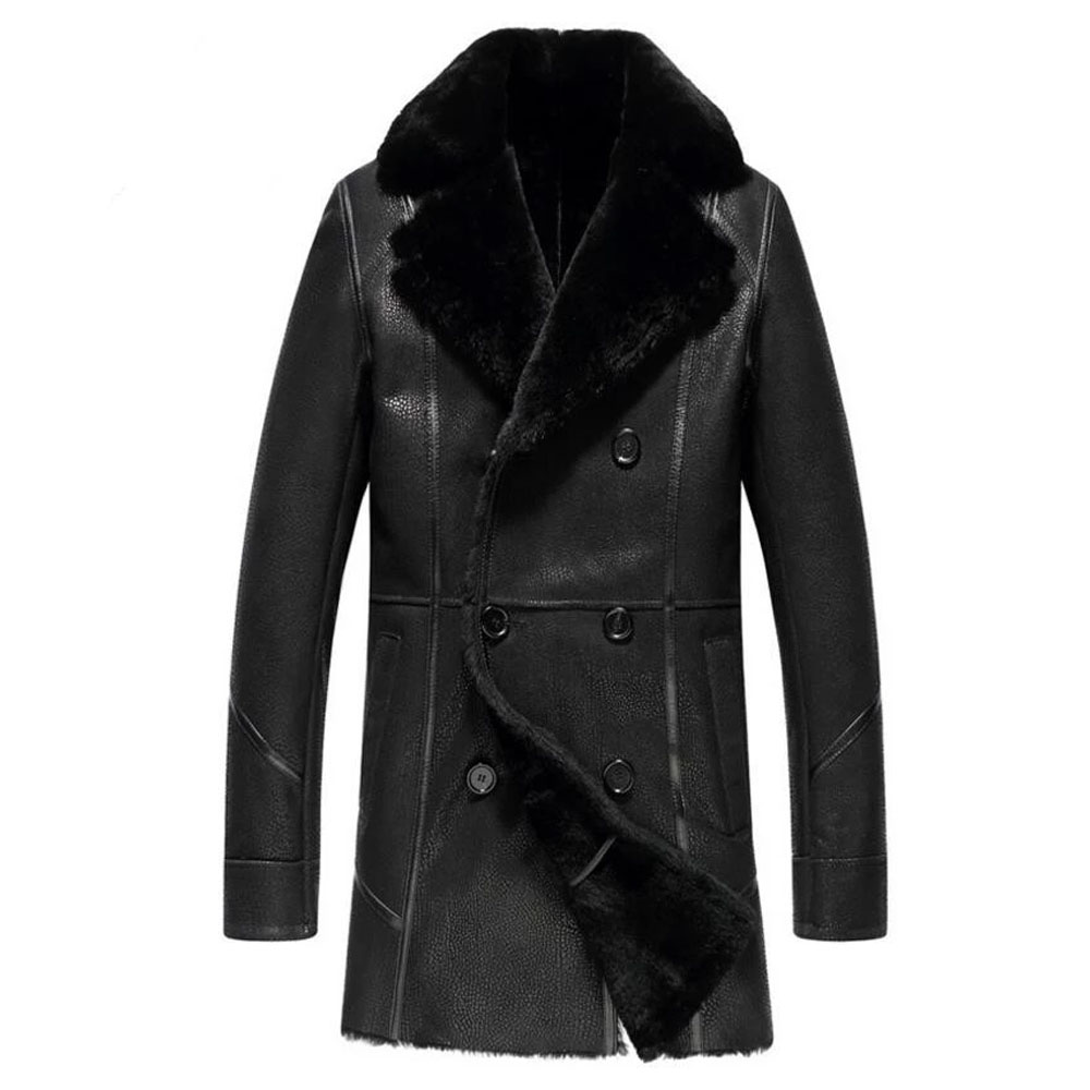 Double breasted sheepskin long coat man winter shearling jacket