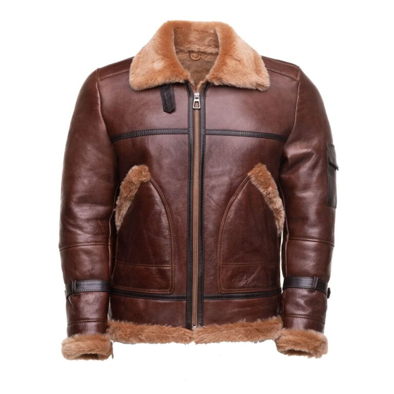 Esa Brown Bomber Sheepskin Shearling Jacket with large pockets