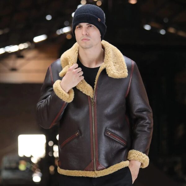 Mens Brown B3 Shearling Leather Bomber Sheepskin Jacket Coat