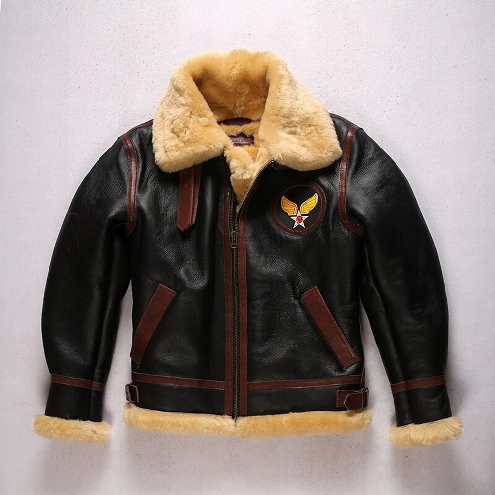 B3 shearling bomber wool collar coat vintage male military jacket