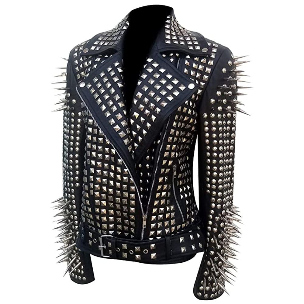 Women's Metal Spikes Brando Motorcycle Slim Fit Genuine Leather Coat