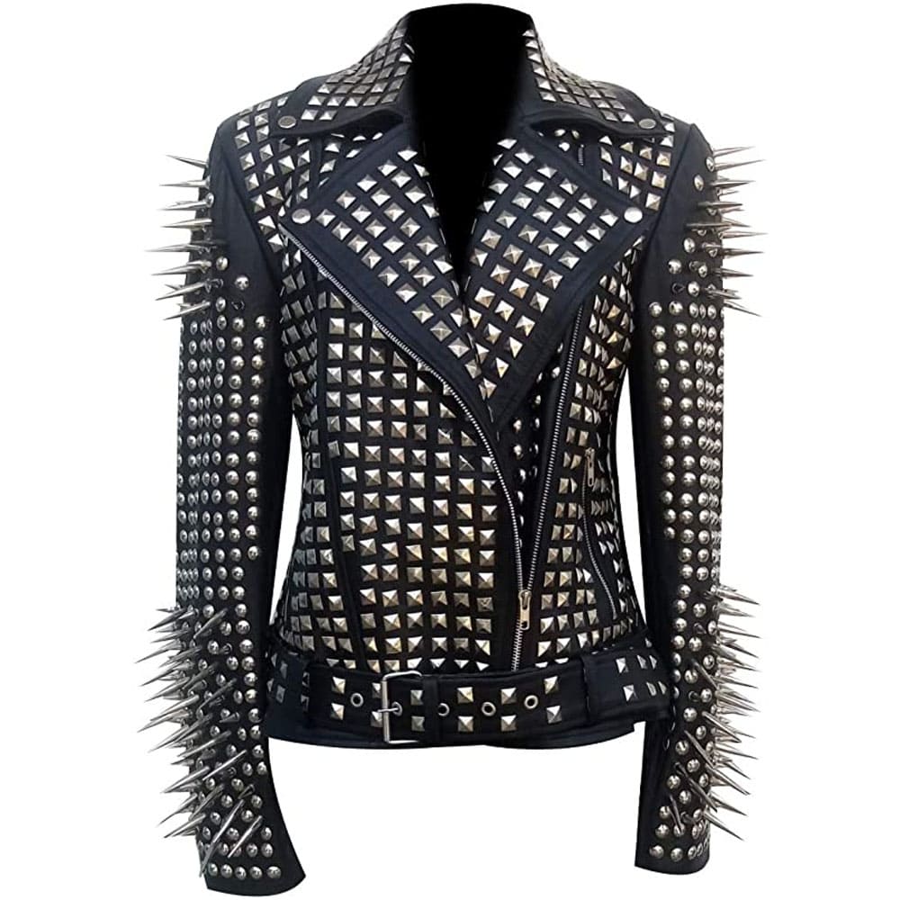 Women's Metal Spikes Brando Motorcycle Slim Fit Genuine Leather Coat