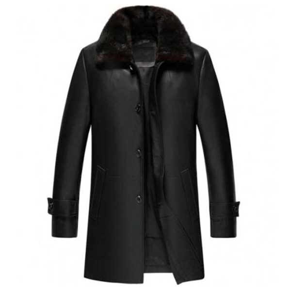 Mens Black Shearling Collar Sheepskin Leather Three Quarter Length Coat