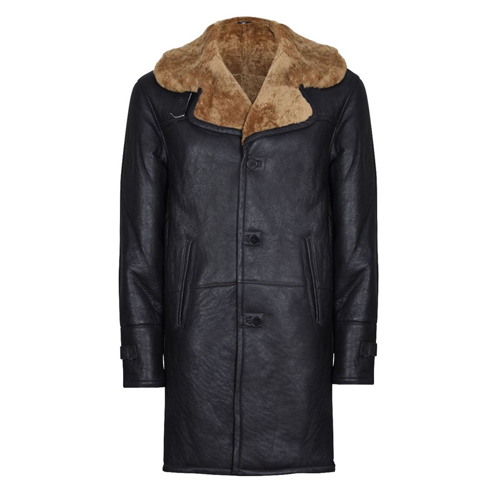 Mens Brown Ginger Warm Shearling Sheepskin Leather Long Coat