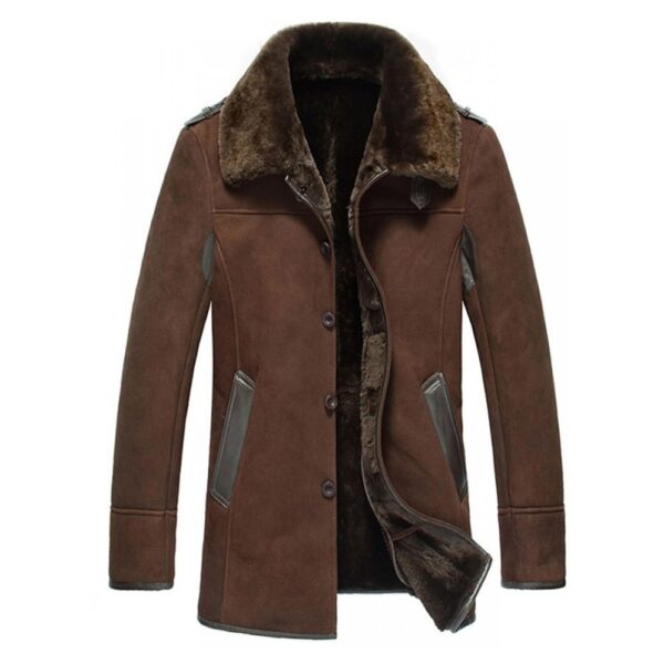 Mens Brown Shearling Reacher Style Sheepskin Fur Coat